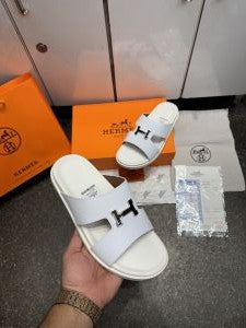 Hermez Chypre Calfskin Leather Sandals Slides White Premium