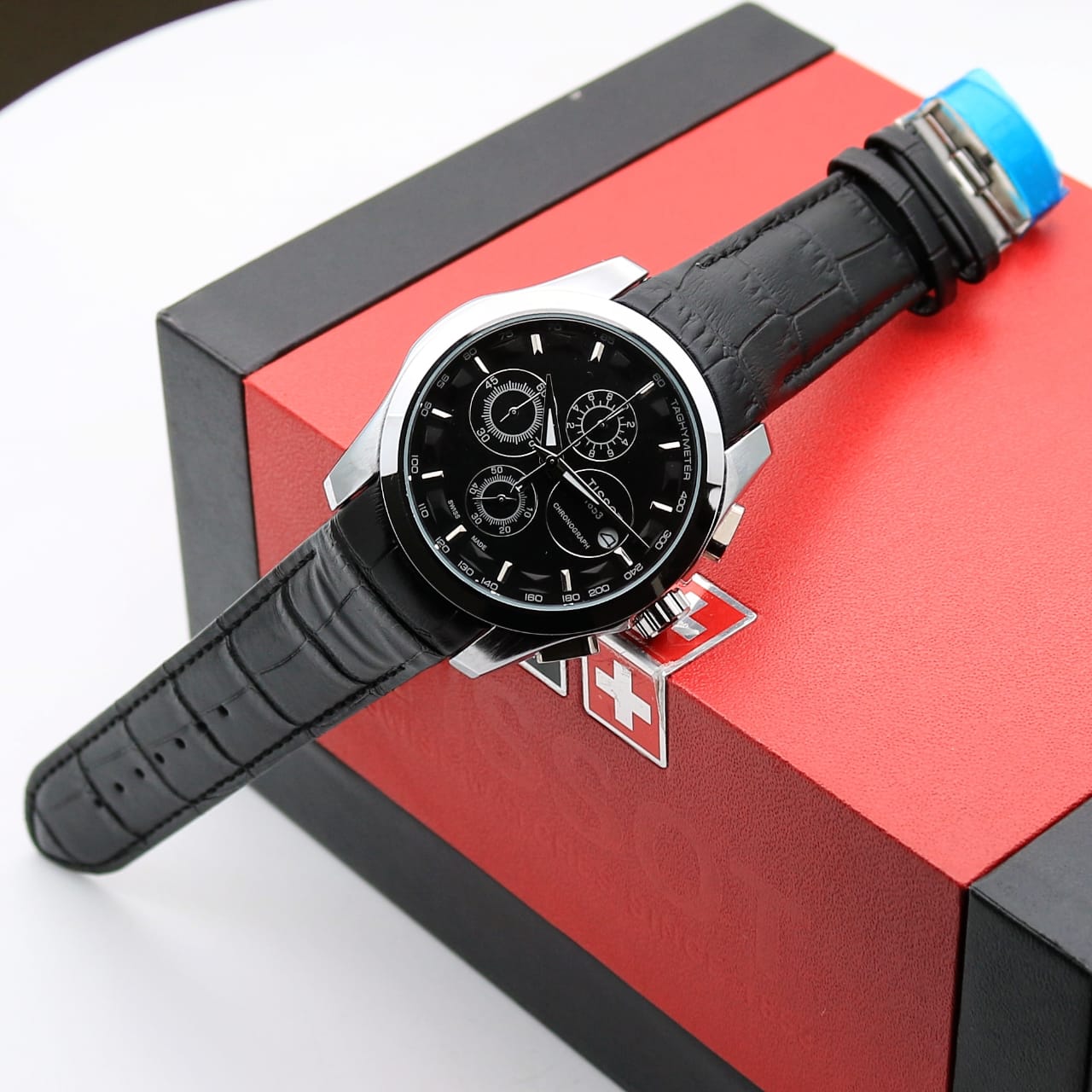 Silver Black Leather Watch