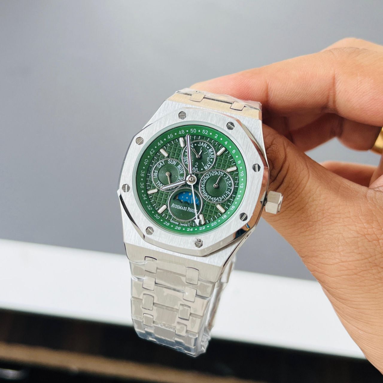 Silver Green Chronograph Watch