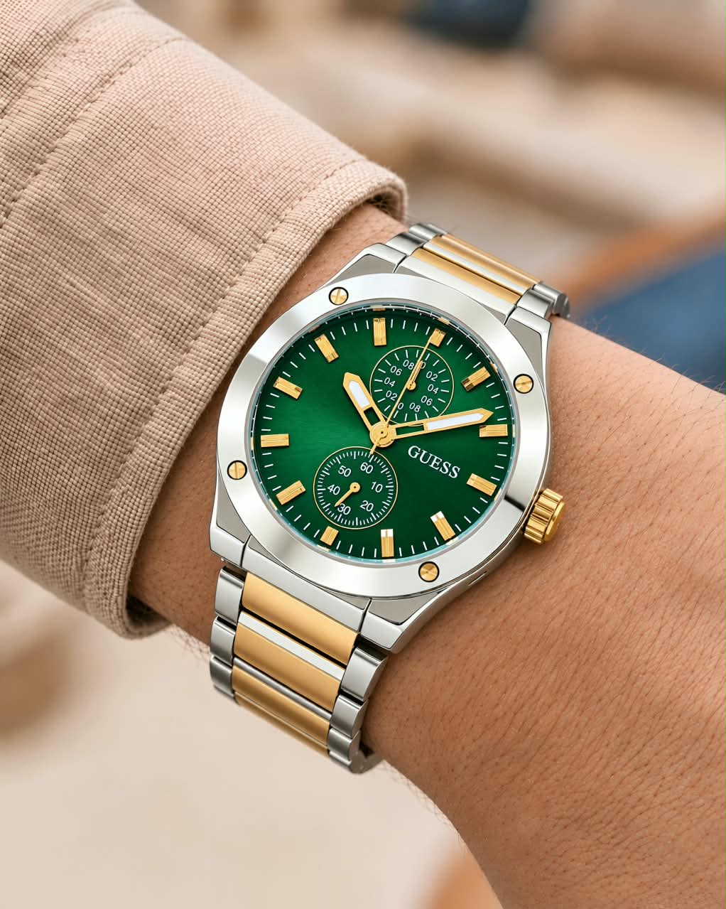Silver Gold Green Chronograph Watch