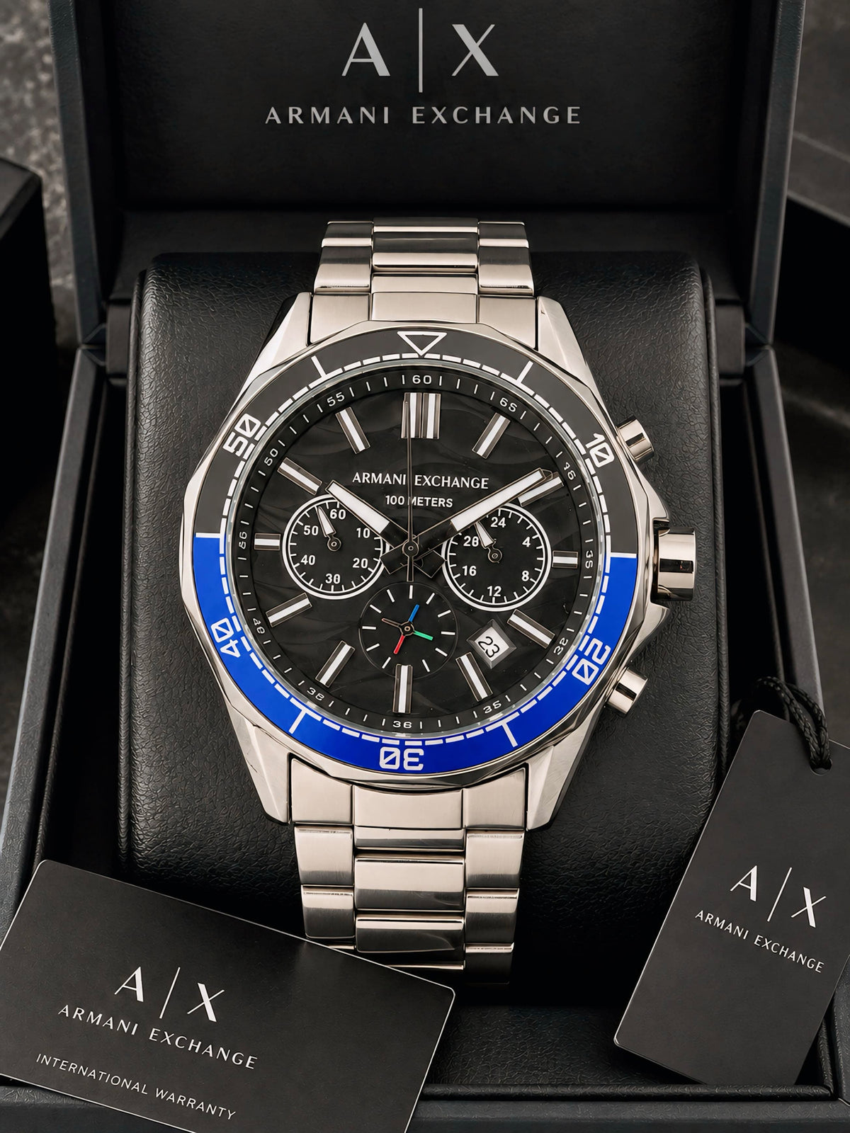 Silver Black Blue Chronograph Watch