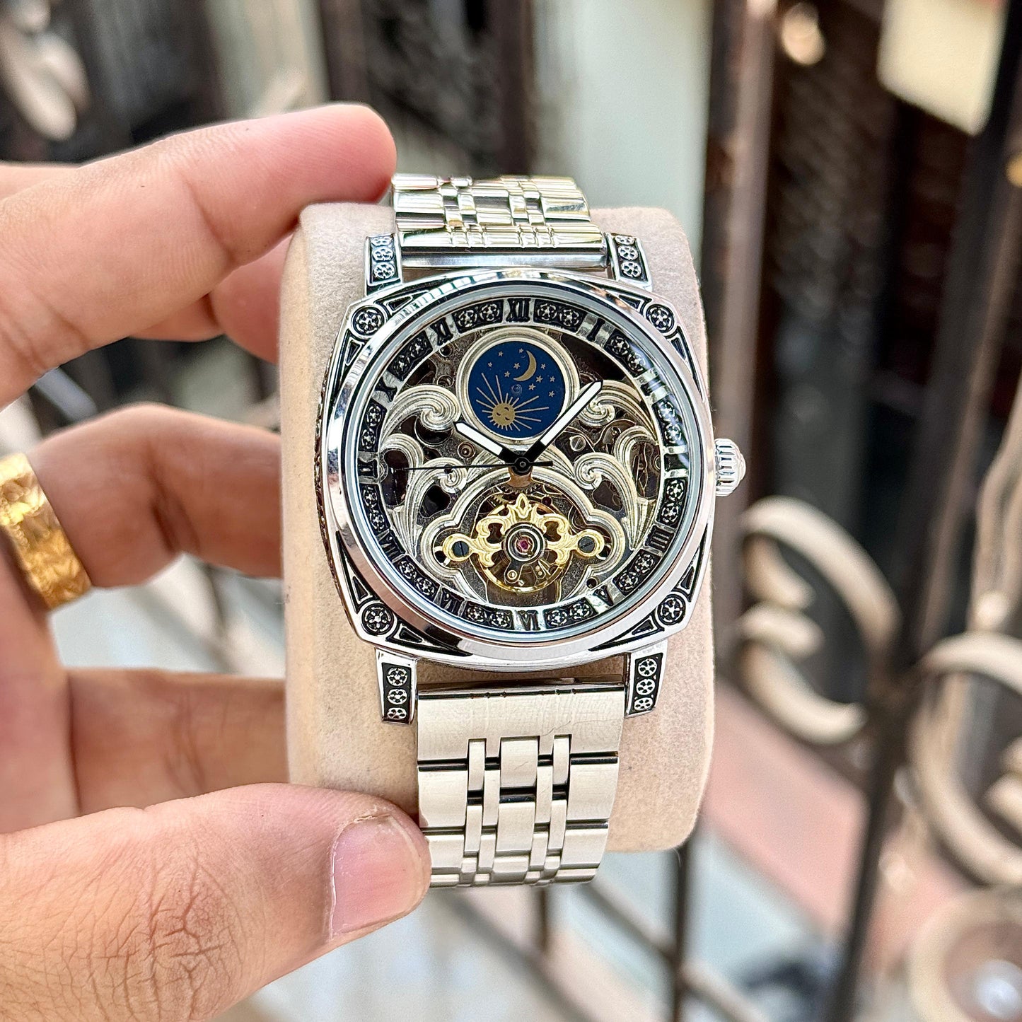 Silver Open Heart Automatic Watch