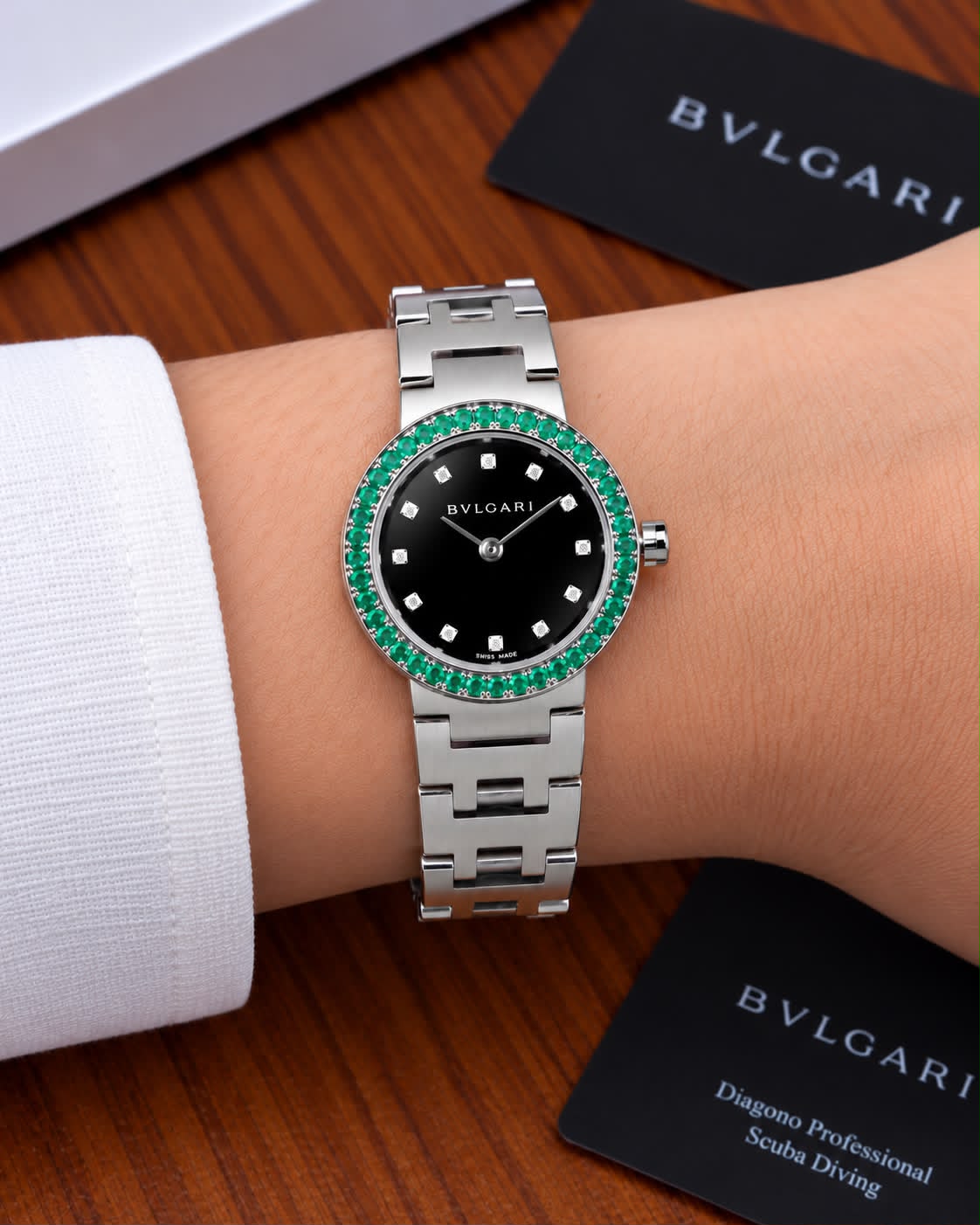Silver Black Green Diamond Women's Watch