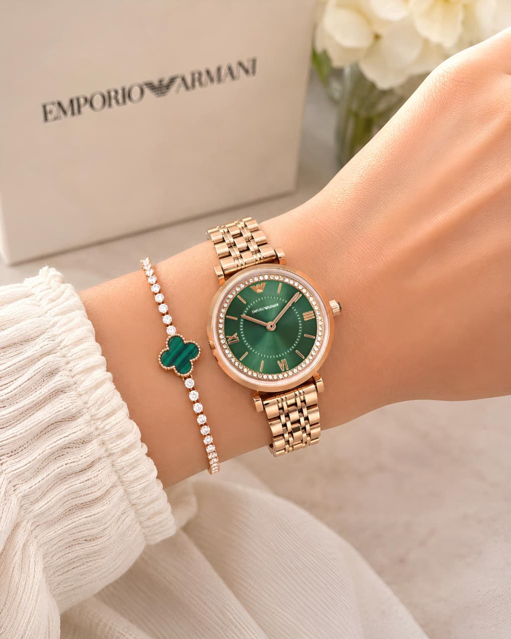 Rose Gold Green Metal Women's Watch
