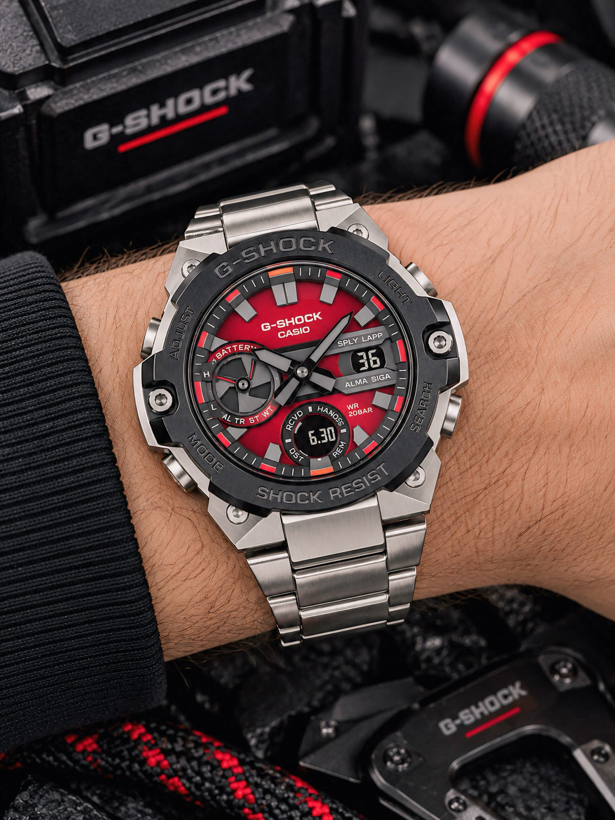Silver Black Red Digital Analog Watch