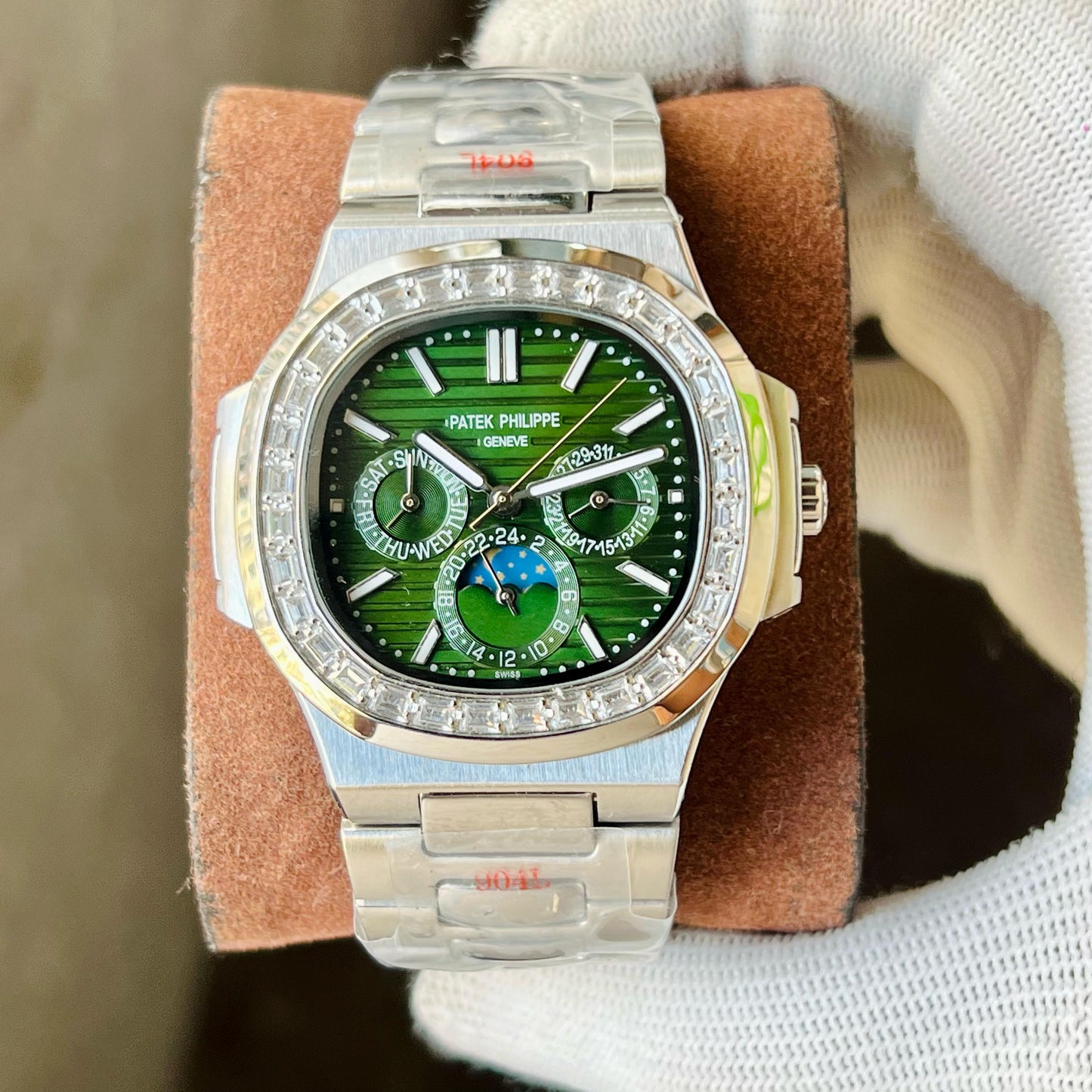 Silver Diamond Green Automatic Watch