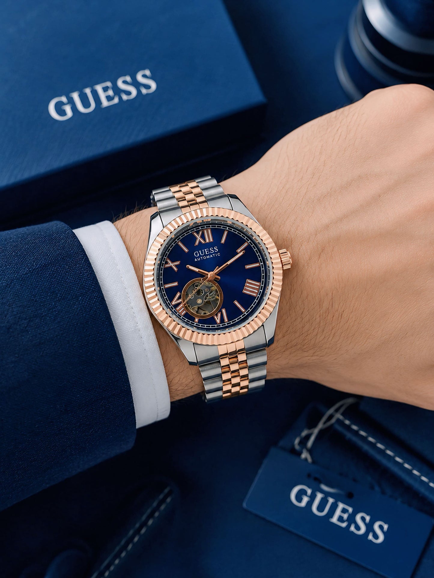 Silver RoseGold Blue Automatic Watch
