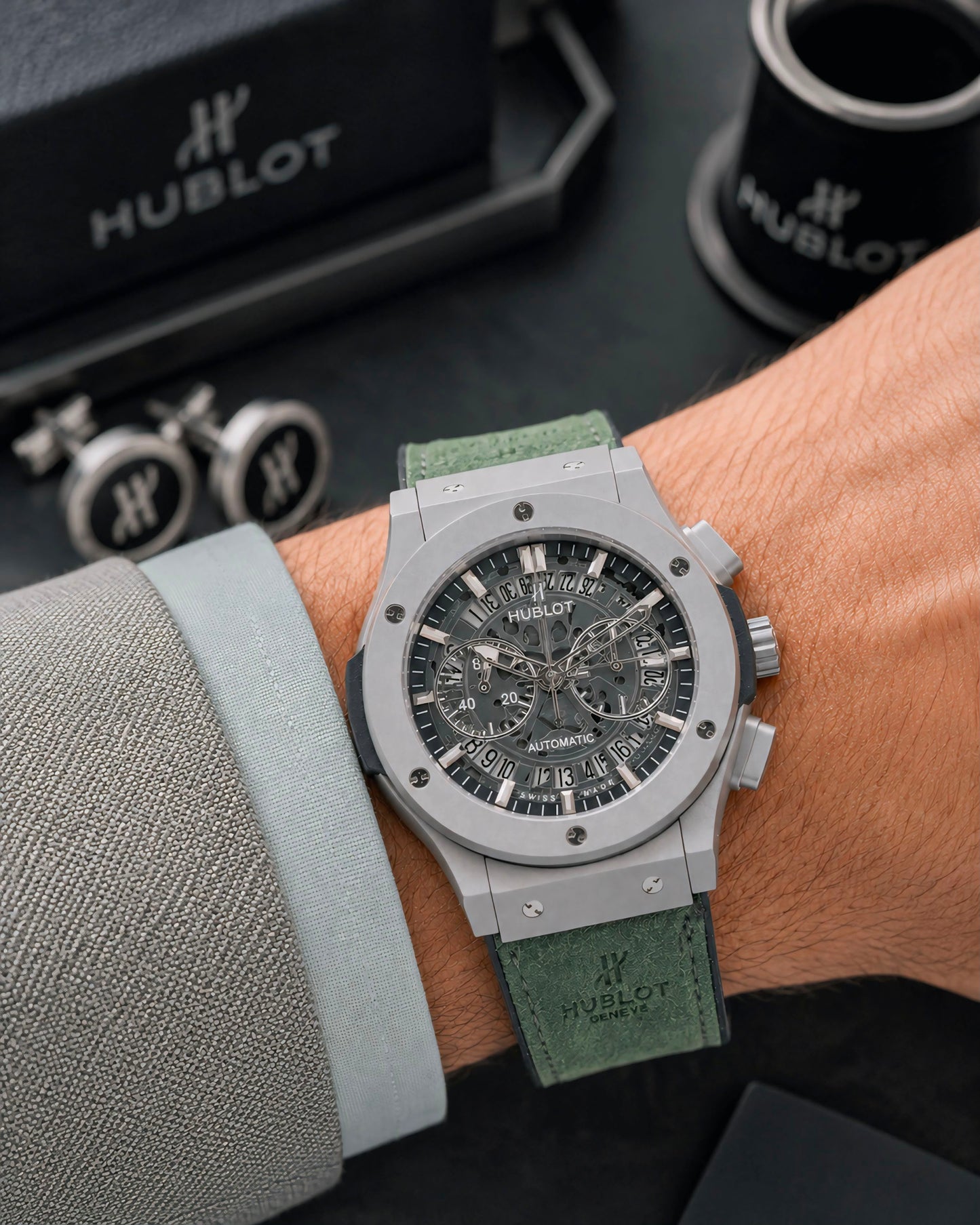 Silver Green Leather Watch