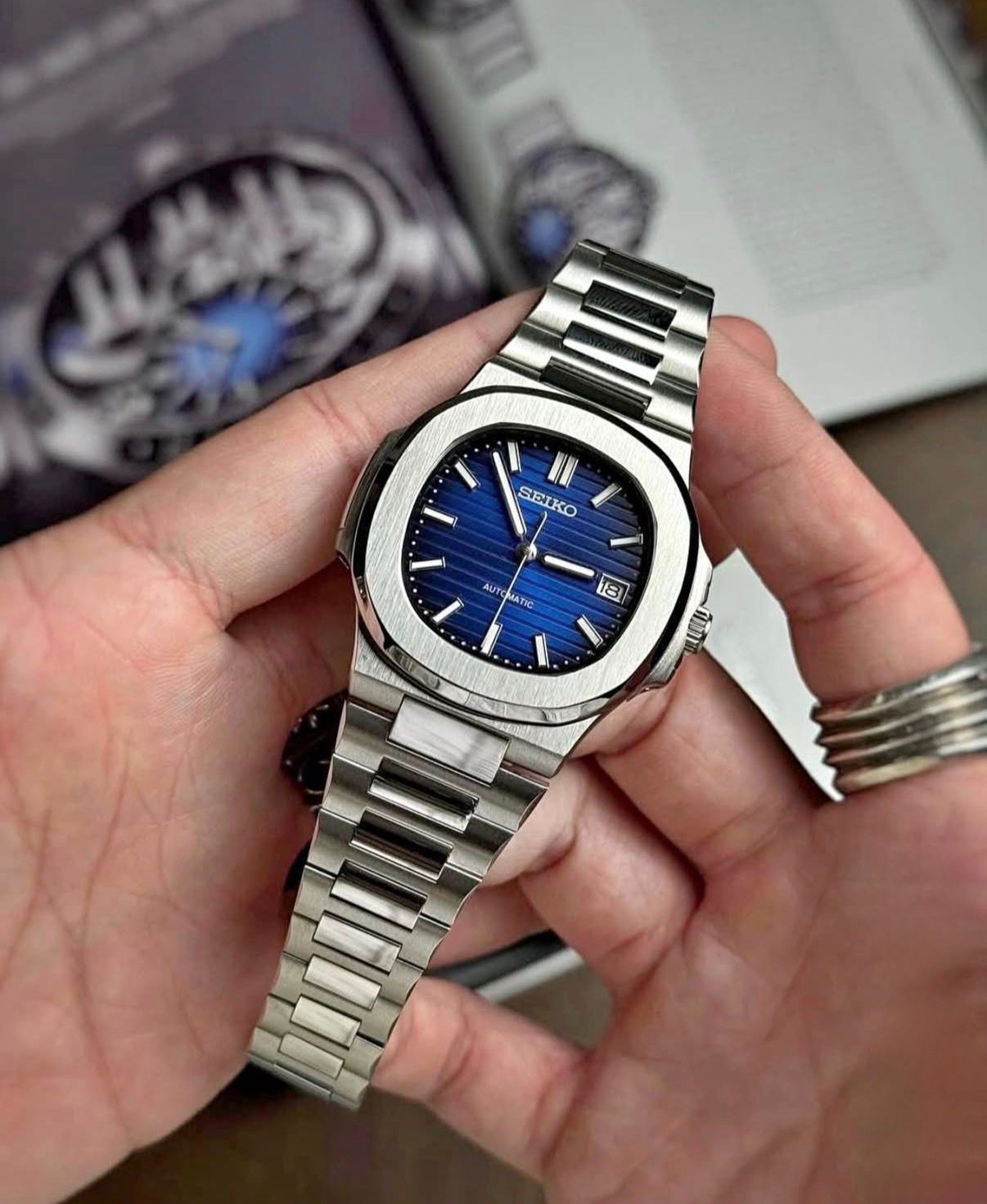 Silver Blue Automatic Metal Watch