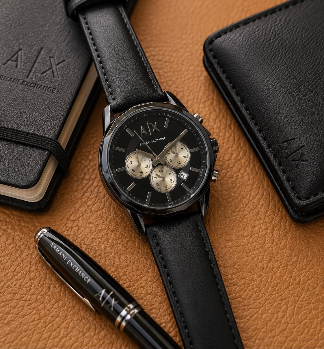Black Gold Leather Chronograph Watch