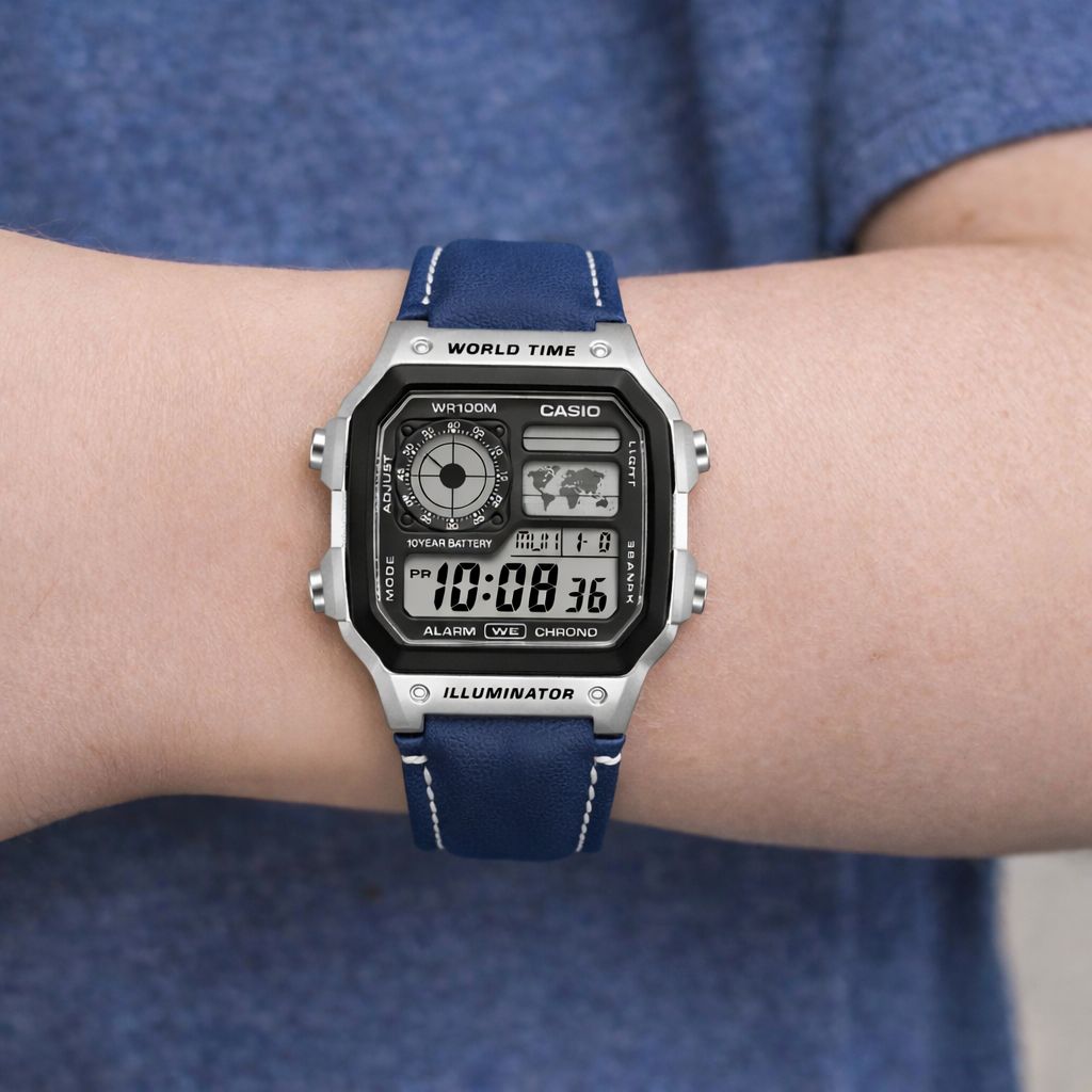 Blue Black Digital Leather Watch