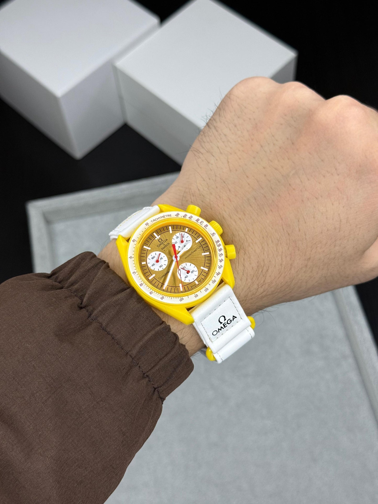 White Yellow Chronograph Watch