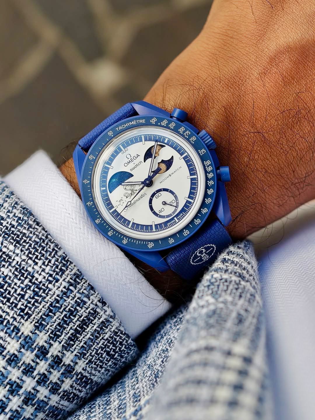 Blue White Moon-Phase Chronograph Watch