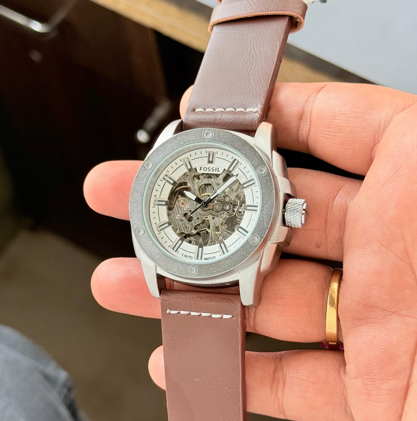 Brown White Automatic Leather Watch