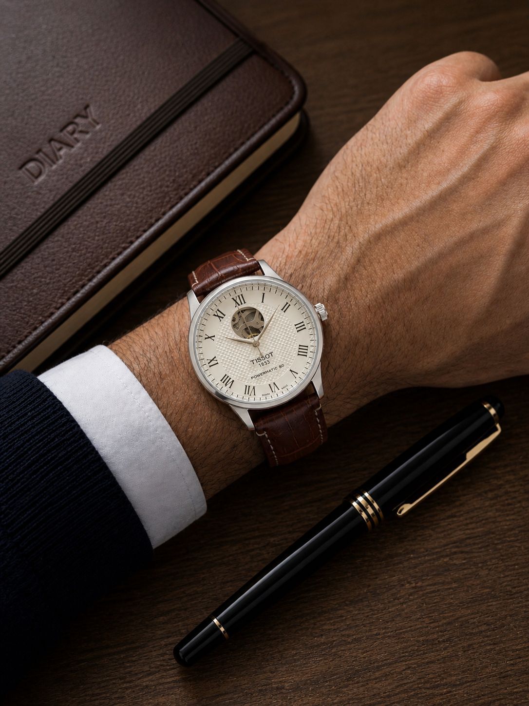 Brown White Automatic Leather Watch