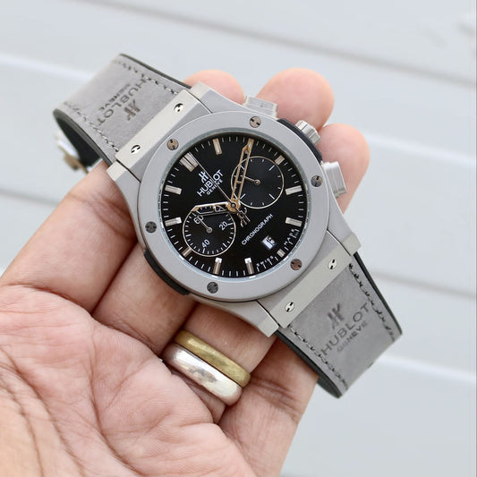 Grey Black Leather Watch