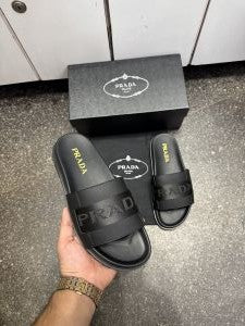 Pradda Logo Leather Slides Black Premium