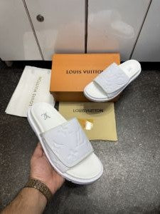 Loius Vutton Lv Leather Miami Mules Wide Front Strap Logo Premium Slides