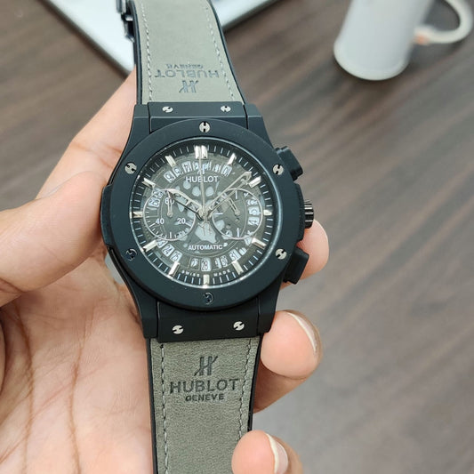 Grey Black Leather Watch