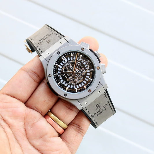 Grey Black Leather Watch