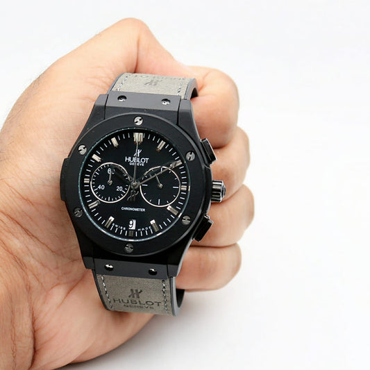 Grey Black Leather Watch
