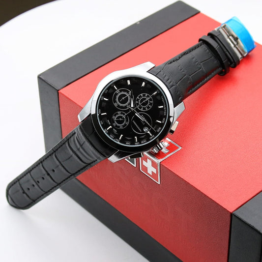 Silver Black Leather Watch