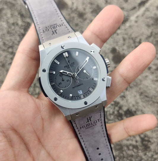 Grey Black Leather Watch