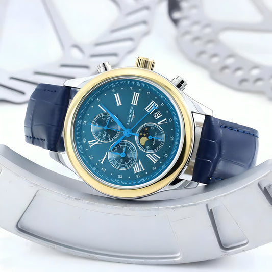Blue Leather Gold Bezel Watch