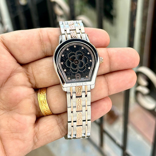 Rose Gold Silver With Black Dial