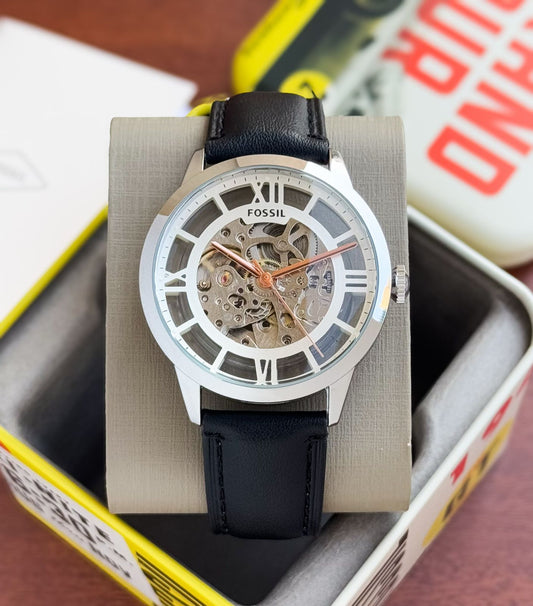 Black Silver Automatic Leather Watch
