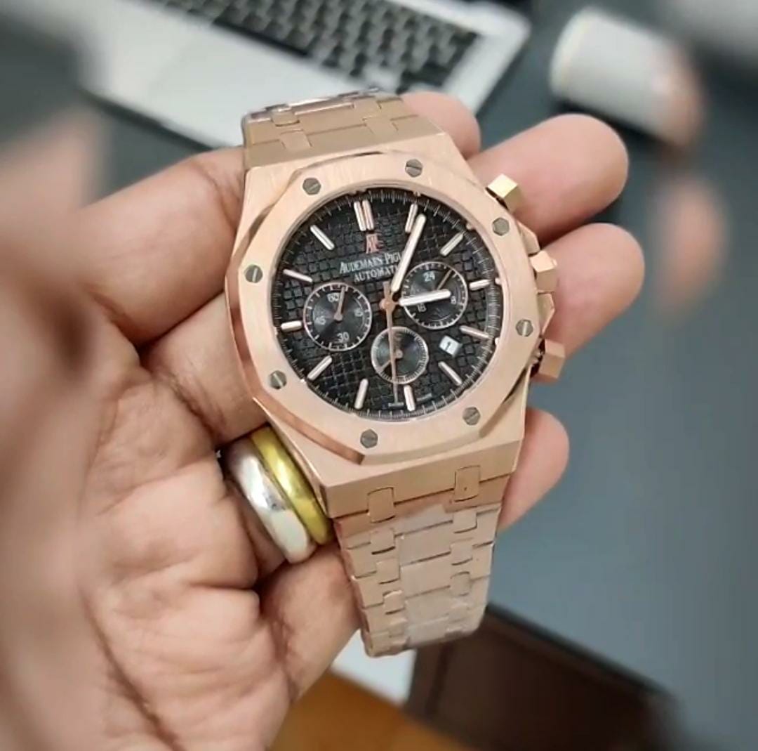 Rose Gold Black Chronograph Watch