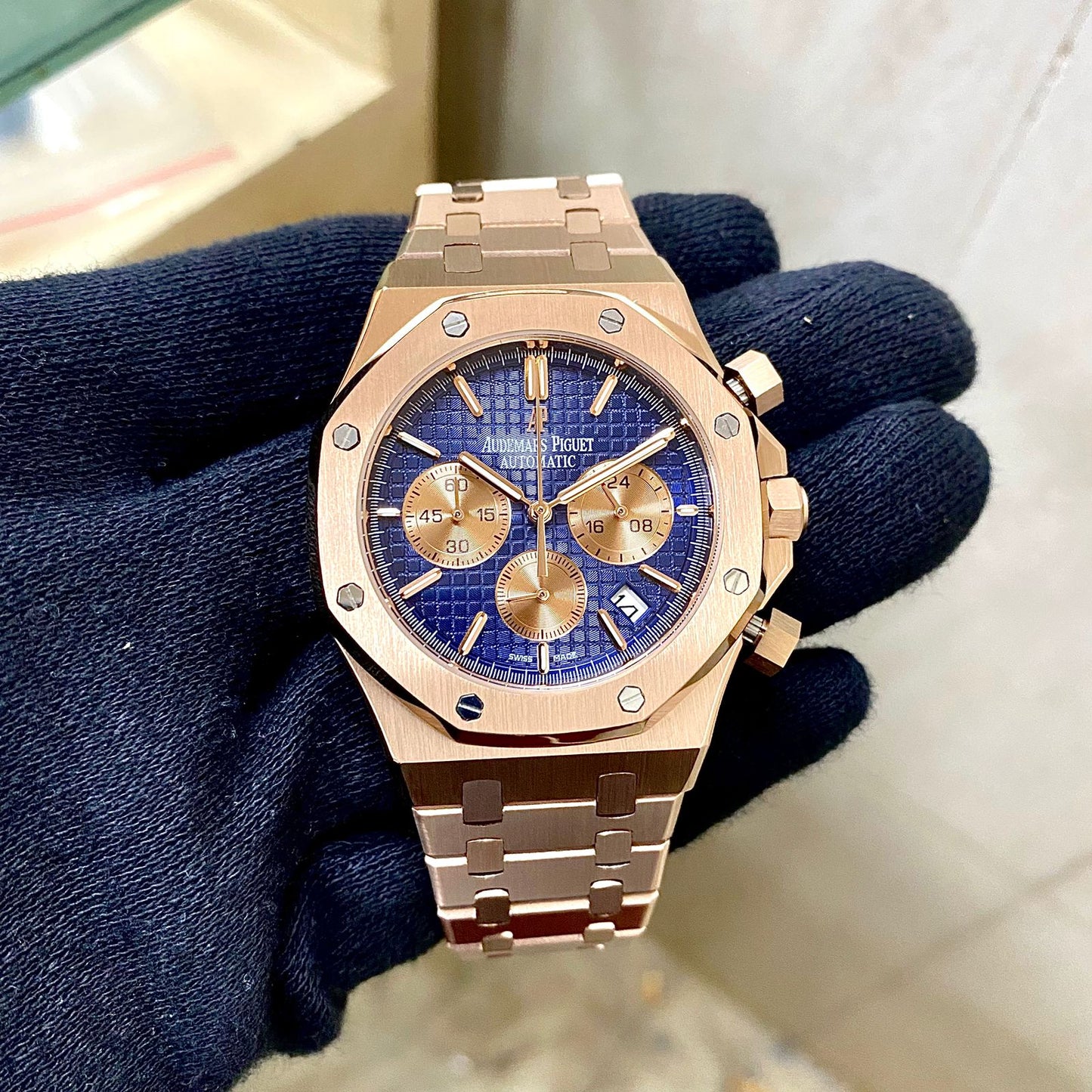 Rose Gold Blue Chronograph Watch