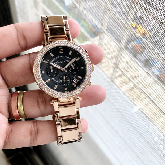 Rose Gold Black Chronograph Watch