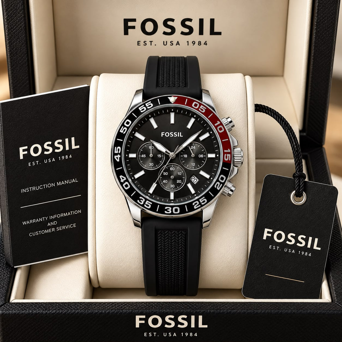 Black Silver Red Chronograph Watch