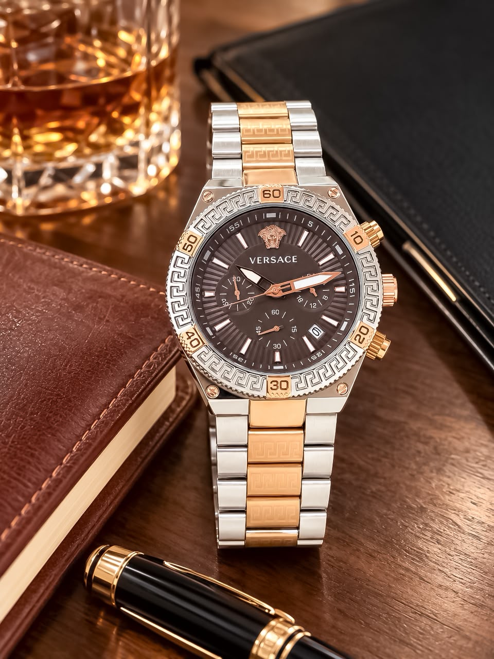 Silver Rosegold Brown Chronograph Watch