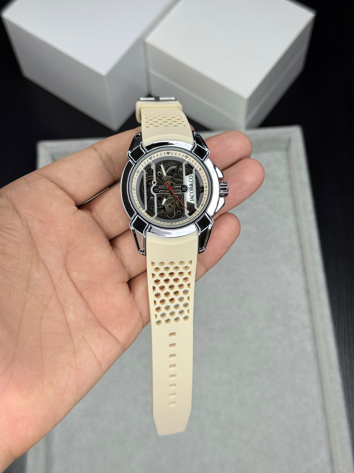 Beige Silver Automatic Watch