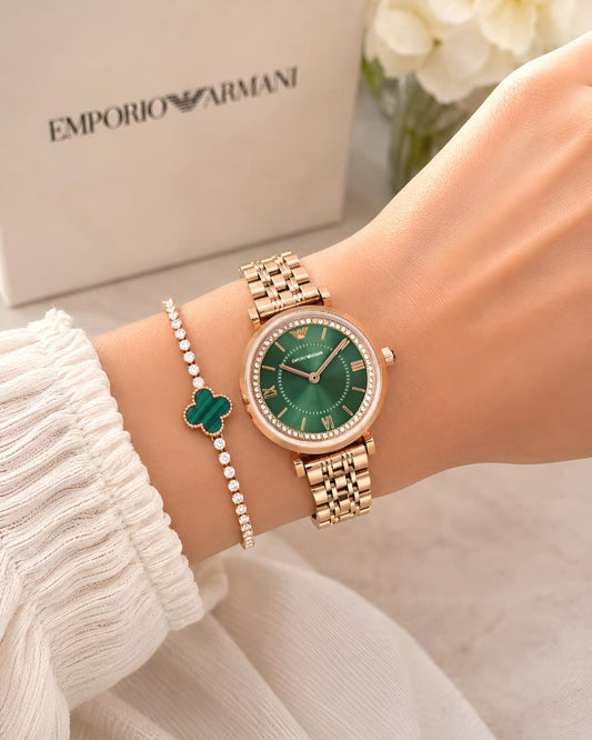 Rose Gold Green Metal Women's Watch