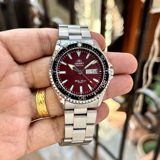 Silver Maroon Automatic Metal Watch