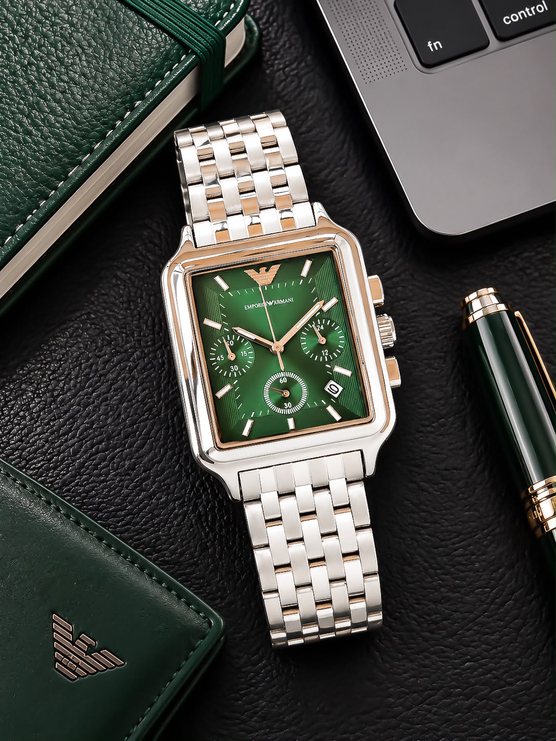 Silver Green Chronograph Square Watch