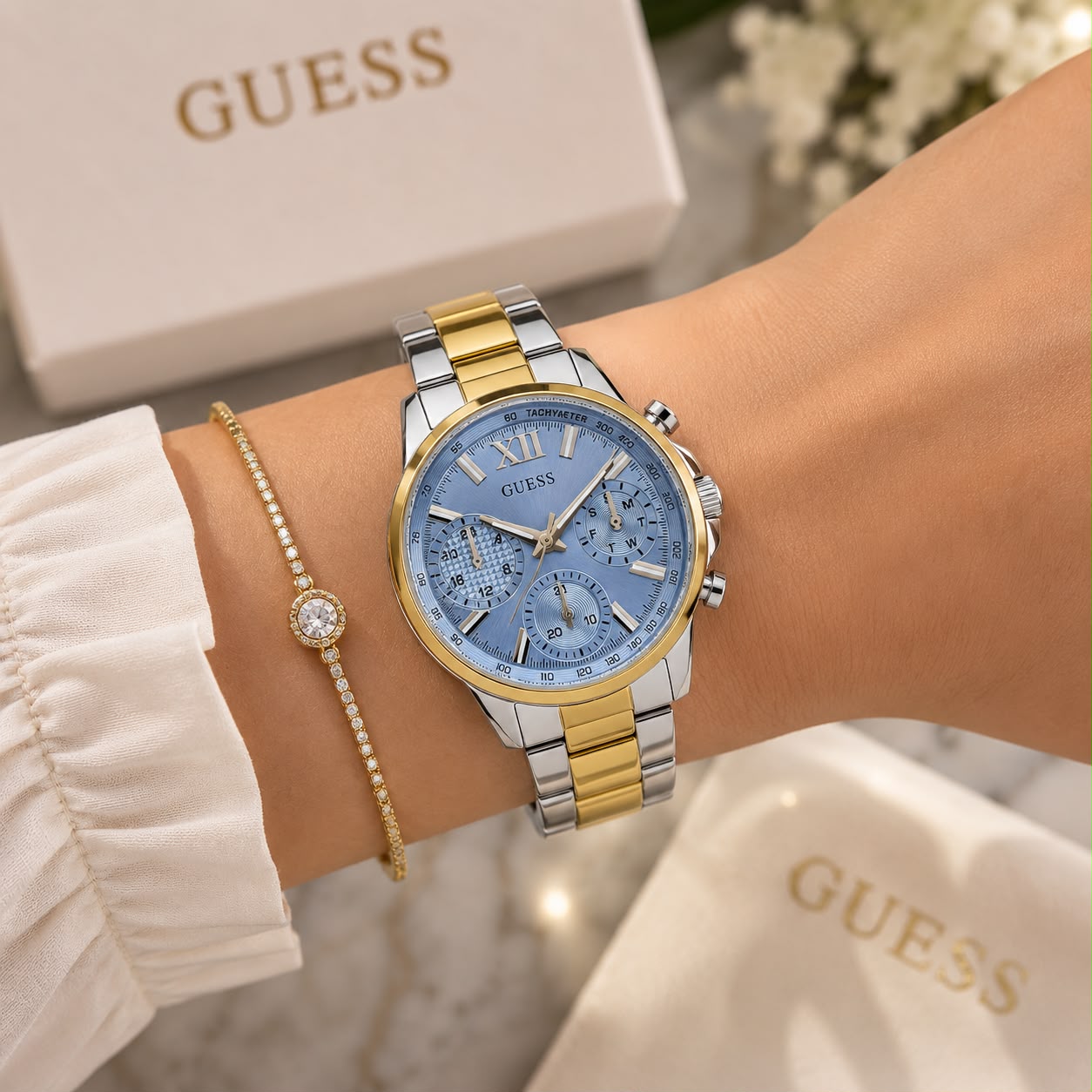Silver Gold Blue Chronograph Women's Watch