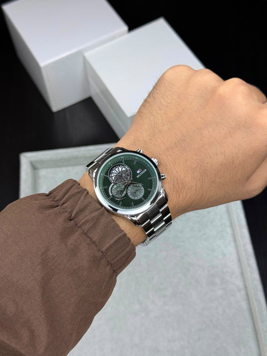 Silver Green Chronograph Watch