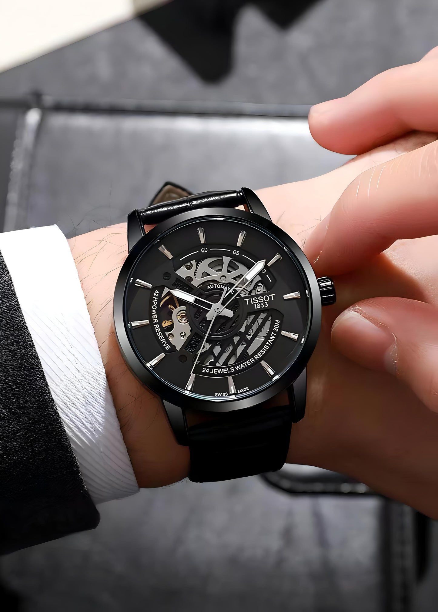 All Black Automatic Leather Watch