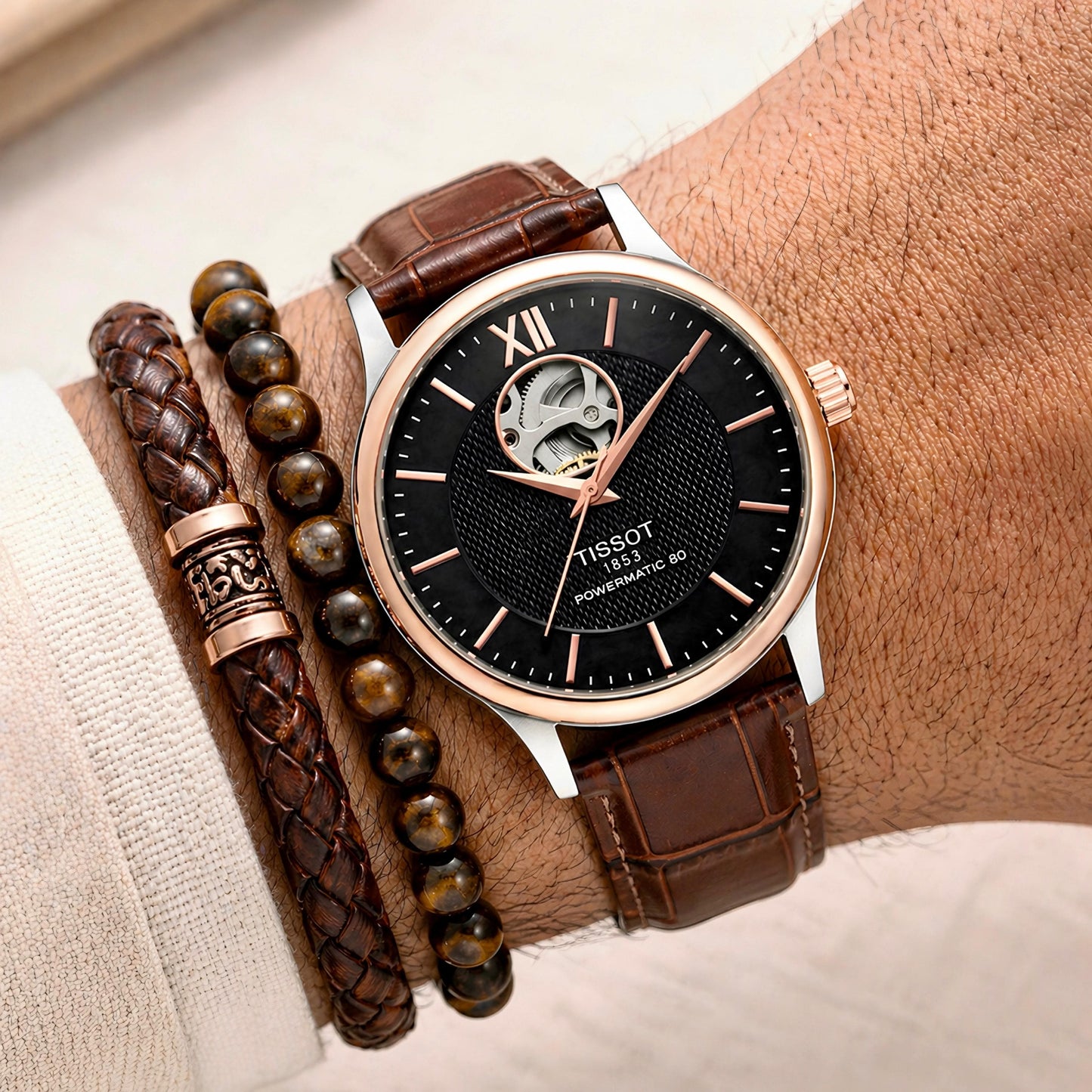 Brown Black Leather Automatic Watch