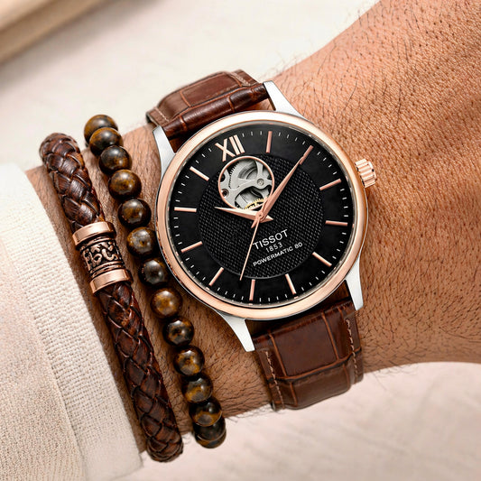 Brown Black Leather Automatic Watch