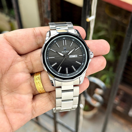 Silver Black Day Date Watch