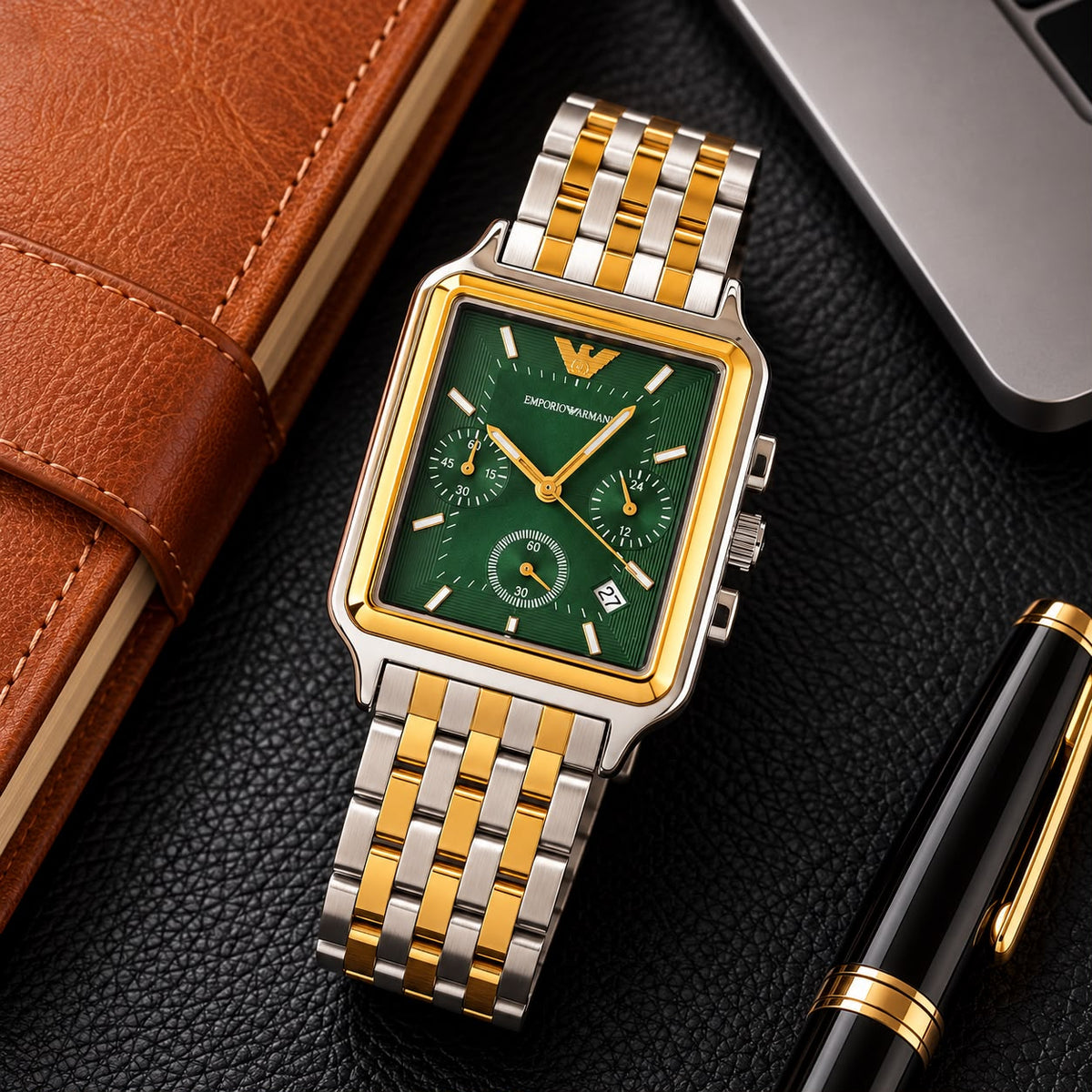 Silver Green Gold Chronograph Mens Watch