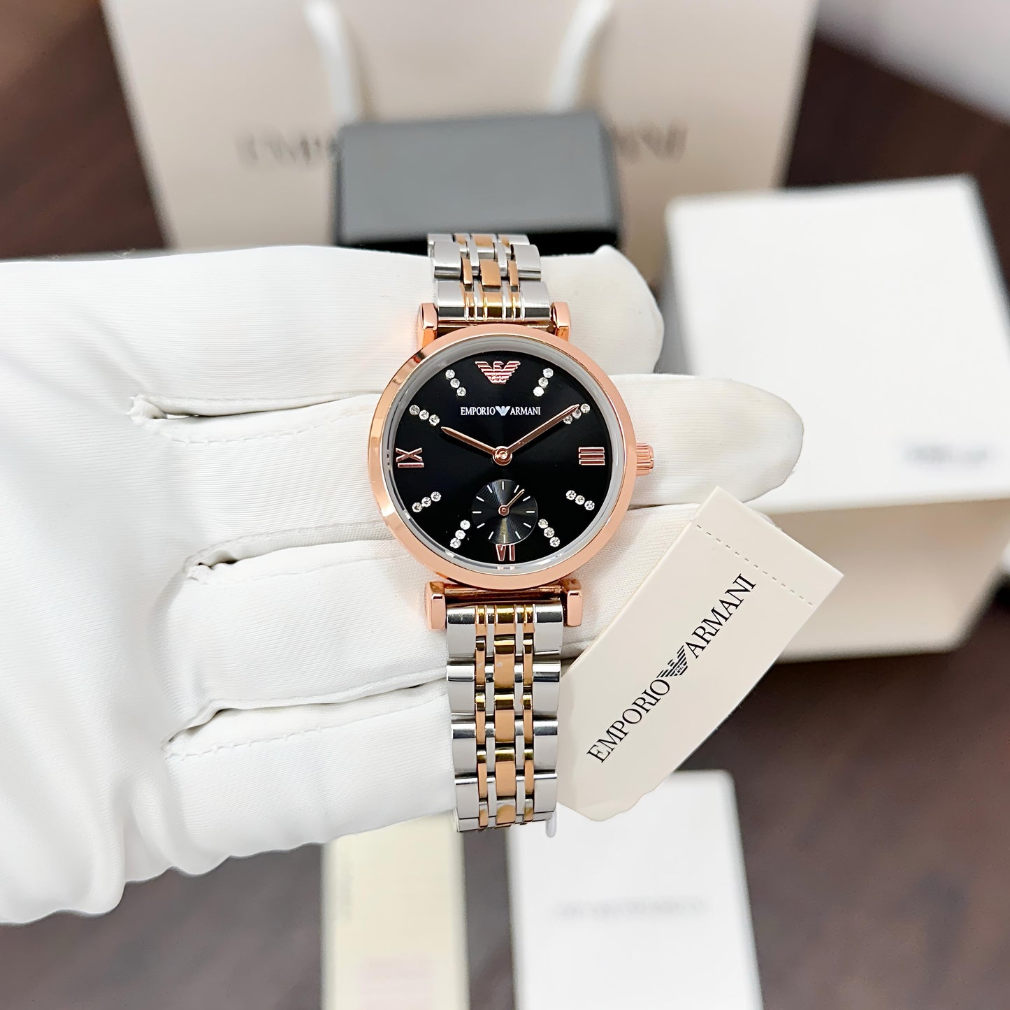 Silver Rose Gold With Black Dial