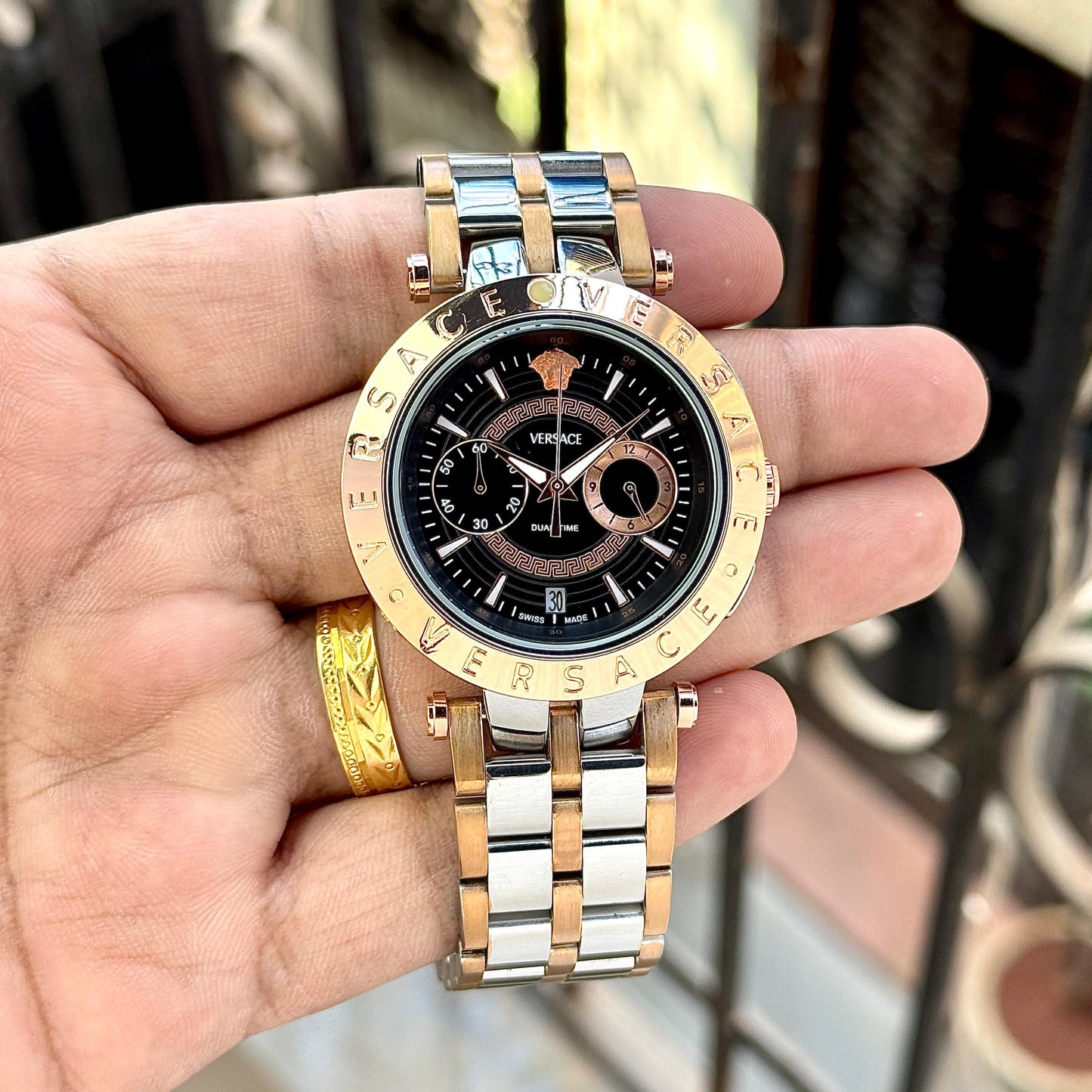 Silver Rose Gold With Black Dial