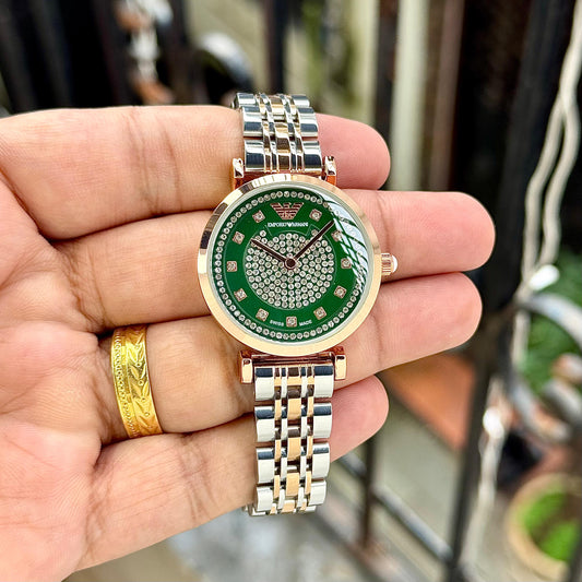 Silver Rose Gold Green Diamond Women's Watch