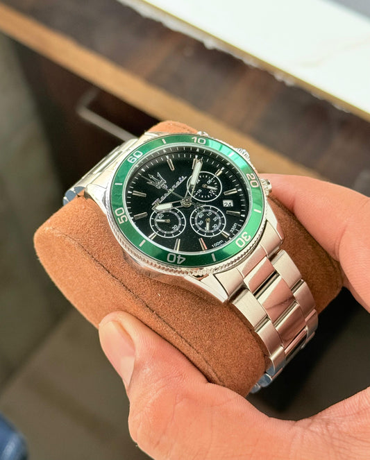 Silver Green Chronograph Watch